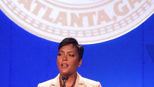 Mayor Keisha Lance Bottoms talks to the crowd during her first State of the City speech in Atlanta on Wednesday, May 2, 2018.