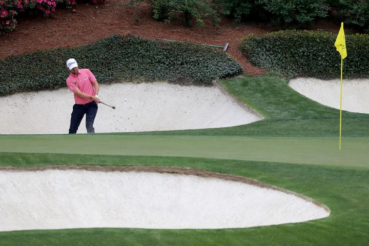 April 9, 2021, Augusta: Bernd Wiesberger hits out of the bunker on the twelfth hole during the second round of the Masters at Augusta National Golf Club on Friday, April 9, 2021, in Augusta. Curtis Compton/ccompton@ajc.com