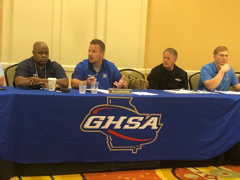 The GHSA reclassification committee voted overwhelmingly to increase the multiplier used to determine where schools play. Members of the committee shown here are (L-R) Jasper Jewell of Atlanta Public Schools, committee chairman Curt Miller of Oconee County, GHSA executive director Robin Hines and GHSA president Glenn White.