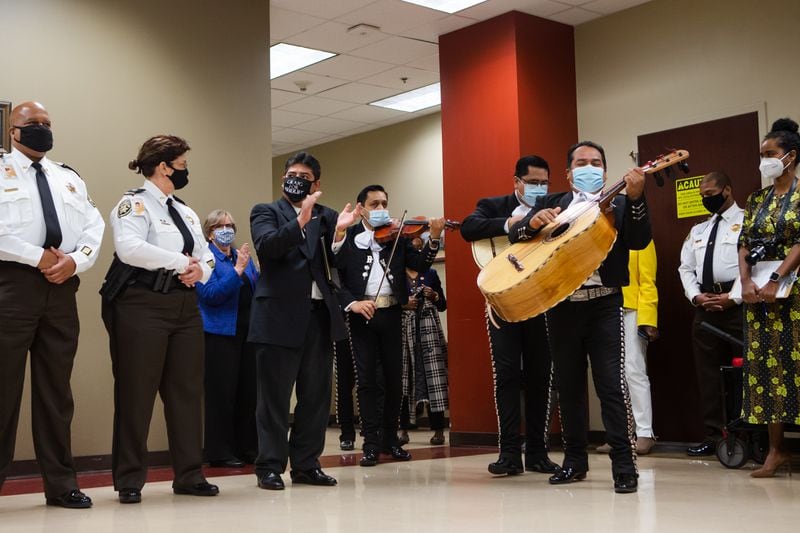 Mariachi America plays to celebrate the end of Cobb County's participation in the Federal 287(G) Program at a press conference on Tuesday, January 19, 2021, at the Cobb County Sheriff's Office in Marietta, Georgia. The Federal 287(G) Program, ended by newly elected Cobb Sheriff Craig Owens, was a collaboration between the sheriff's department and Immigration and Customs Enforcement (ICE).  CHRISTINA MATACOTTA FOR THE ATLANTA JOURNAL-CONSTITUTION