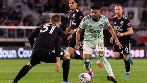 Atlanta United midfielder Marcelino Moreno #10 runs with the ball during the match against D.C. United at Audi Field in Washington, United States on Saturday April 2, 2022. (Photo by Mitchell Martin/Atlanta United)