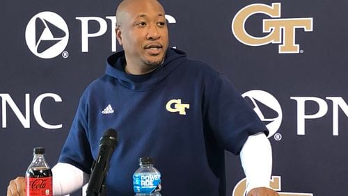 Georgia Tech special-teams coach Ricky Brumfield speaks to media members April 10, 2023, during his first spring practice with the Yellow Jackets. (Photo by Ken Sugiura/The Atlanta Journal-Constitution)