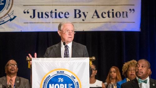 Attorney General Jeff Sessions addresses the National Organization of Black Law Enforcement Executives during a    conference, Tuesday, August 1, 2017, in Atlanta. (John Amis)