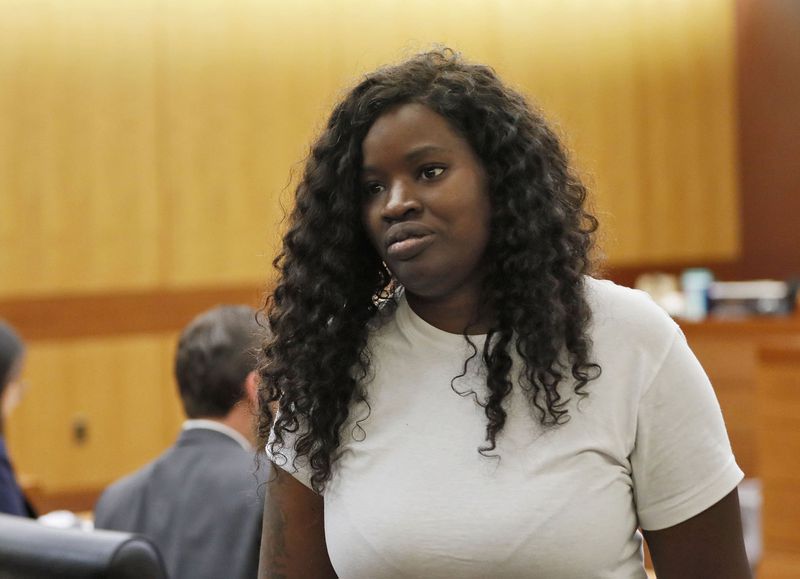 June 3, 2019 - Atlanta -  Deondra Tucker, the mother of Deandre Tucker, leaves court after speaking to the judge. Deandre Tucker appeared in court for a probation revocation hearing before Judge Shawn LaGrua. Deondra Tucker said her son was originally doing well on probation but was fired from his job after his employer learned he had a criminal record. Bob Andres / bandres@ajc.com