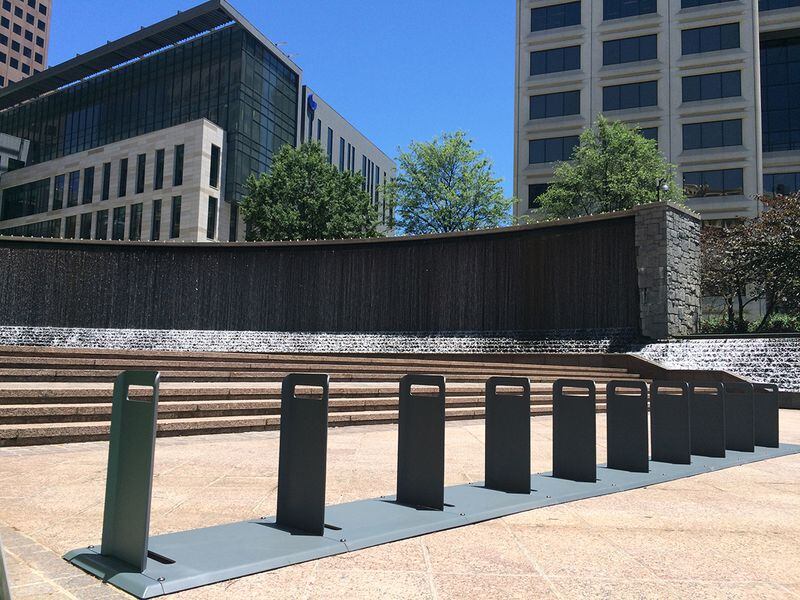 It's empty now, but this rack will be filled with the city's first short-term bicycle rentals. The program begins on June 9 with 100 bikes at 10 stations downtown. (PETE CORSON / pcorson@ajc.com)