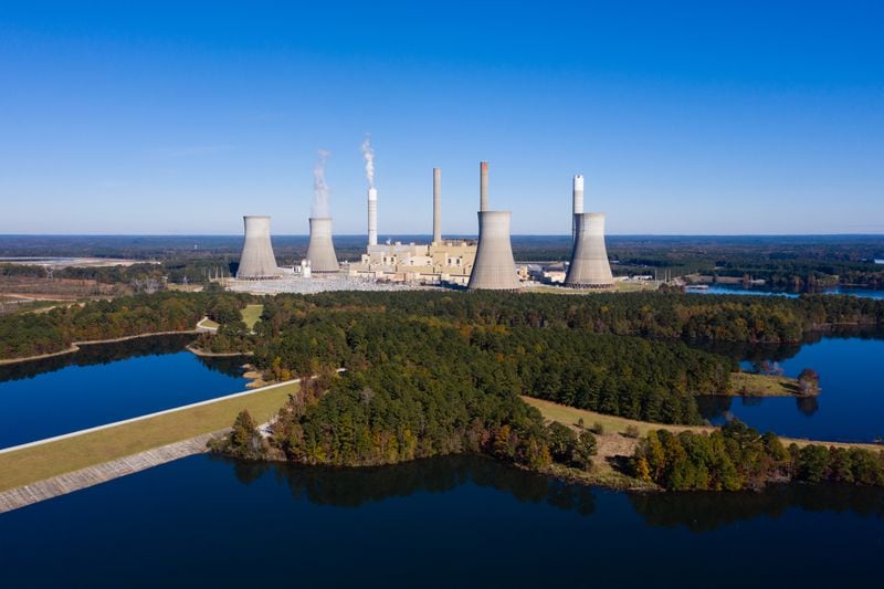 Plant Scherer, a Georgia Power plant, is seen from the air using a drone on Tuesday, November 9, 2021, near Juliette. (Elijah Nouvelage for The Atlanta Journal-Constitution)