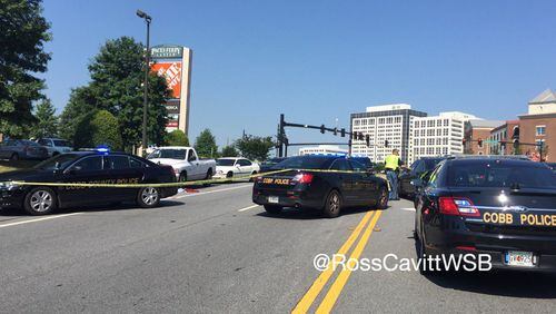 The driver of a white Dodge Ram was shot in the hip on Cumberland Boulevard near Paces Ferry Road, Cobb police said. (Credit: Channel 2 Action News)