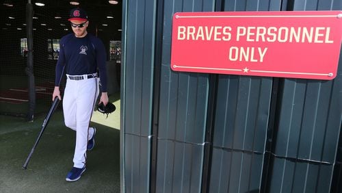 Braves first baseman Freddie Freeman leaves the batting cages after arriving for the first workout of spring training Saturday, Feb. 16, 2019, at the ESPN Wide World of Sports Complex in Lake Buena Vista, Fla.