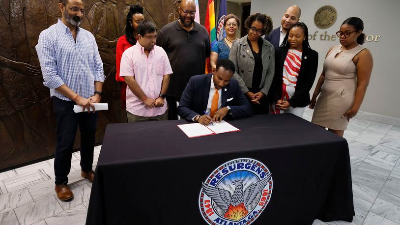 Atlanta Mayor Andre Dickens signed an Administrative Order with the help of the Office of Equity, Diversity, and Inclusion with the new language guide to improve communication throughout the city on Thursday, Sep. 7, 2023, in AtlantaMiguel Martinez /miguel.martinezjimenez@ajc.com