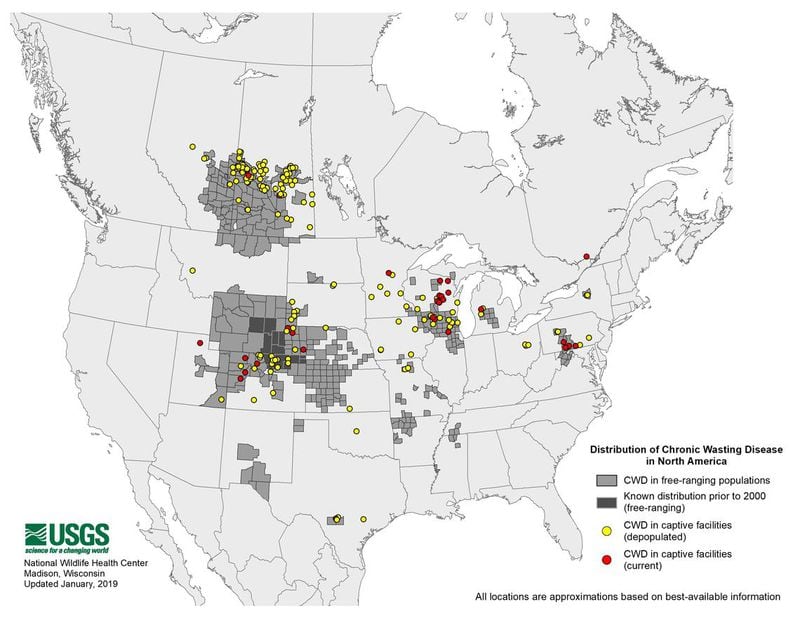 Distribution of Chronic Wasting Disease in North America, updated January 2019.