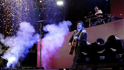 EDM-pop duo, The Chainsmokers, Andrew Taggert amidst the fireworks on guitar as Alex Pall commands the electronics, headlined the second day of the AT&amp;T Playoff Playlist Live! concert series pre-game celebrations at Centennial Olympic Park on Jan. 7, 2018. (Akili-Casundria Ramsess/Eye of Ramsess Media)