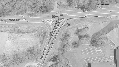 The state is installing an enlarged concrete island on Bentley Road that will prevent left turns onto northbound Post Road (Ga. 371) in unincorporated Forsyth County. GEORGIA DEPARTMENT OF TRANSPORTATION