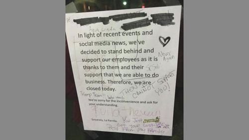 A note left by a Watkinsville restaurant was defaced. (Credit: Athens Banner-Herald)