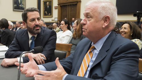 Kevin Riley, editor of the Atlanta Journal-Constitution, right, talks with David Pitofsky, General Counsel of News Corp, during their appearance before the House Judiciary Antitrust subcommittee hearing on 'Online Platforms and Market Power', on Capitol Hill in Washington, Tuesday, June 11, 2019. (AP Photo/Cliff Owen)