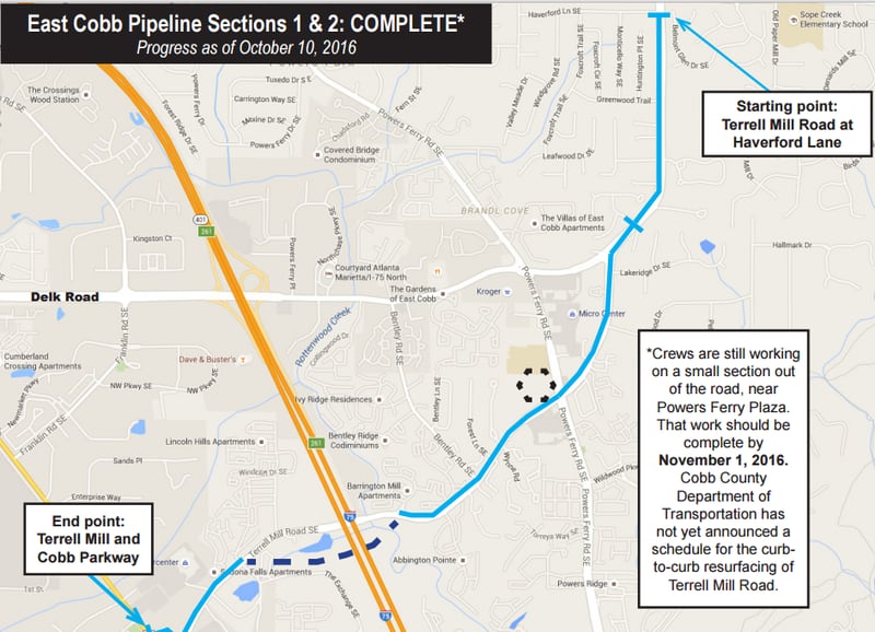 A progress map of the East Cobb Pipeline as of Oct. 10, 2016. The water pipeline will start at Terrell Mill Road and end at the Cobb Parkway. Courtesy of the Cobb County-Marietta Water Authority.