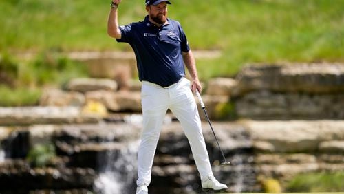 Shane Lowry, of Ireland, celebrates after a birdie on the 13th hole during the third round of the PGA Championship golf tournament at the Valhalla Golf Club, Saturday, May 18, 2024, in Louisville, Ky. (AP Photo/Matt York)