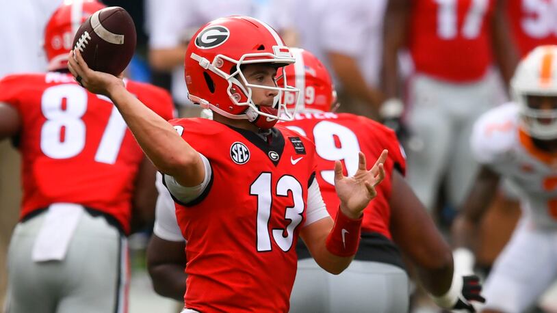 Georgia quarterback Stetson Bennett  passes against Tennessee during the first half of a football game Saturday, Oct. 10, 2020, at Sanford Stadium in Athens. JOHN AMIS FOR THE ATLANTA JOURNAL- CONSTITUTION