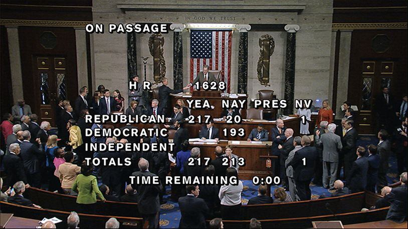 In this image provided by House Television, the final total on the vote on the Republicans health care bill is displayed at the Capitol in Washington on Thursday, May 4, 2017. Relieved Republicans muscled their health care bill through the House, taking their biggest step toward dismantling the Obama health care overhaul since Donald Trump took office.