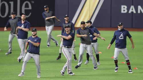 Braves pitchers get in their workout Sunday, Oct. 11, 2020, ahead of the best-of-seven National League Championship Series against the Los Angeles Dodgers at Globe Life Field in Arlington, Texas. (Curtis Compton / Curtis.Compton@ajc.com)
