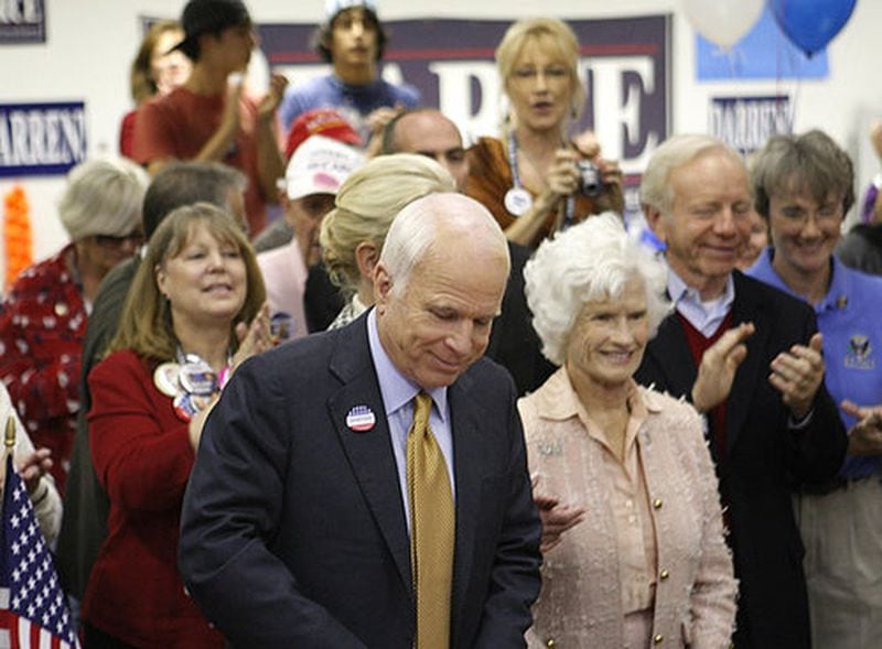 John McCain and his mother, Roberta, listen to the applause of phone bank volunteers in Albuquerque, New Mexico. 