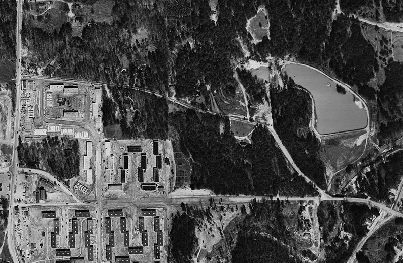 This 1949 aerial photo of the area shows the lake at the right. The Piedmont/Lindbergh intersection is at the lower left of the image. (1949 Aerial Mosaic and Photographs, Georgia State University Library)