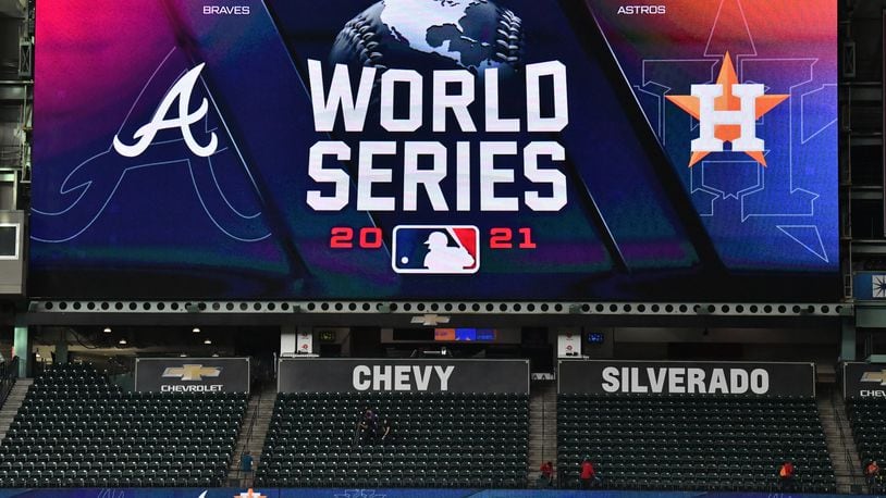October 25, 2021 Houston, Texas - World Series 2021 is displayed on screen during workout in preparation for Game 1 of baseball's World Series against Houston Astros at Minute Maid Park in Houston on Monday, October 25, 2021. (Hyosub Shin / Hyosub.Shin@ajc.com)