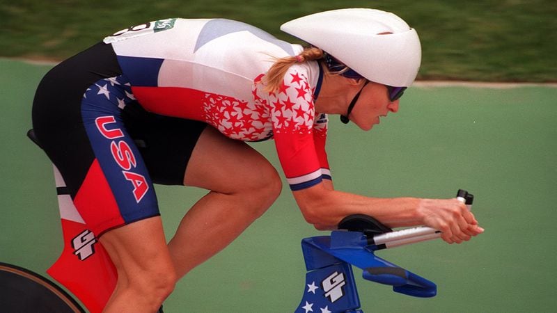 American cyclist Rebecca Twigg competes in the women's pursuit cycling event Thursday, July 25, 1996, at the Stone Mountain Velodrome during the 1996 Summer Olympic Games. (Rich Addicks/AJC)