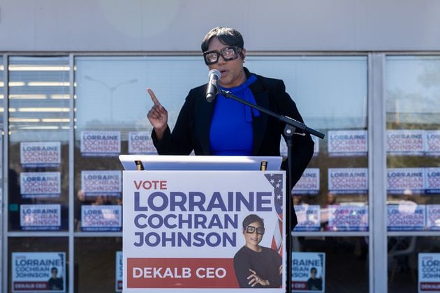 Lorraine Cochran-Johnson, one of three vying to be DeKalb County's next chief executive officer, speaks to supporters outside of her campaign headquarters in Stone Mountain on Thursday, March 7, 2024. She and Larry Johnson are headed to a June runoff to determine the next CEO. (Arvin Temkar / arvin.temkar@ajc.com)