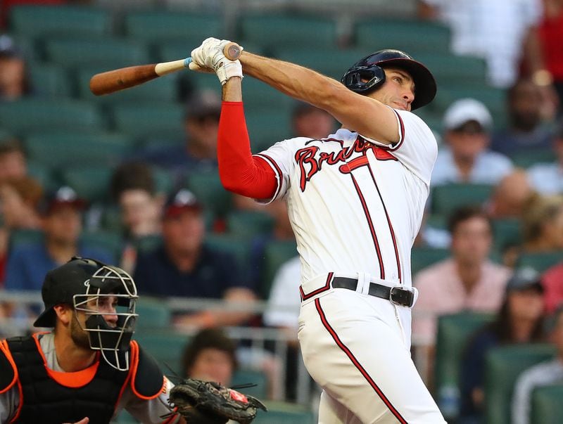 Braves first baseman Matt Olson hits a 3-run homer to take a 5-4 lead over the San Francisco Giants during the third inning of a MLB baseball game on Tuesday, June 21, 2022, in Atlanta.     “Curtis Compton / Curtis.Compton@ajc.com”