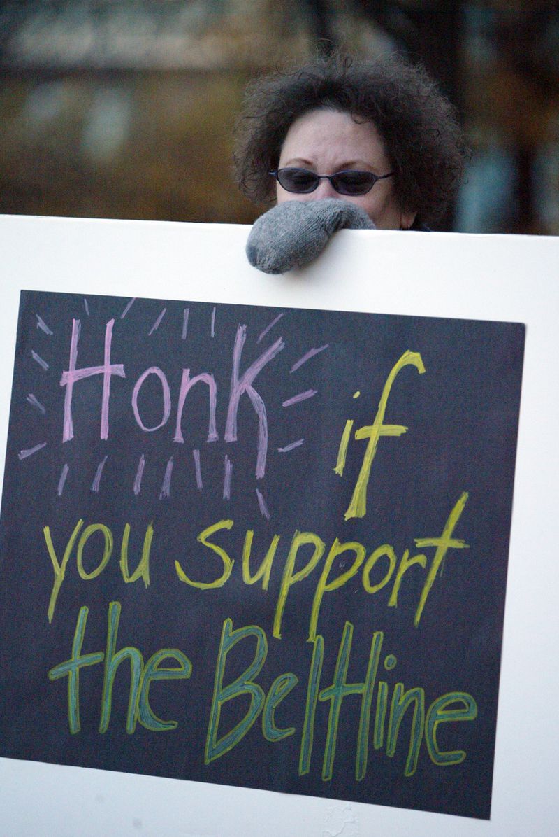 The caption on this 2005 file photo read: Some of the 15 Sierra Club demonstrators in front of the Fulton County government building on Pryor Street. They were there to support the proposed beltline.  This is Genie Strickland who was bundled up in the 29¼ cold.