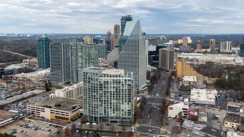 An aerial photograph shows the Buckhead skyline earlier this year. Buckhead has become one of Atlanta's main business hubs. (Hyosub Shin / Hyosub.Shin@ajc.com)