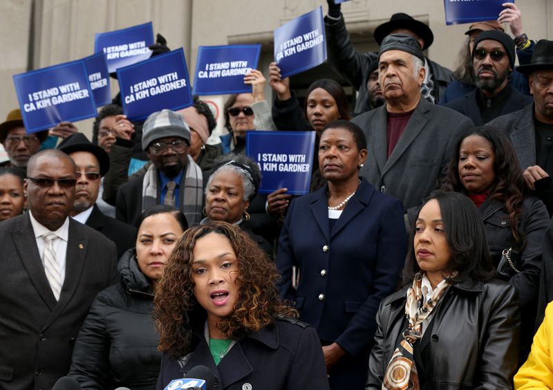 Baltimore State's Attorney Marilyn Mosby, center, speaks at a rally outside the Mel Carnahan Courthouse in St. Louis on Tuesday, with several other African American female prosecutors in support of Circuit Attorney Kimberly Gardner in her efforts to reform the criminal justice system and her suit against the St. Louis police union among others.