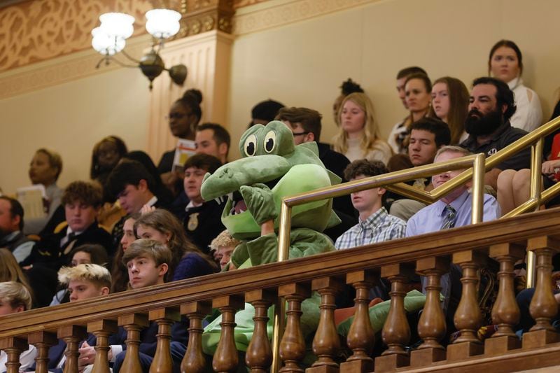 The Okefenokee Swamp mascot sits in the gallery in the House chambers for Okefenokee Swamp day at The Georgia State Capitol on Wednesday, February 8, 2023. (Natrice Miller/The Atlanta Journal-Constitution)