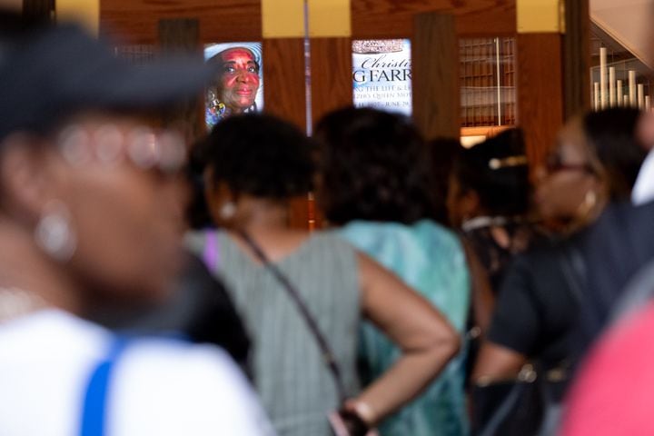 People wait to enter the Ebenezer Baptist Church sanctuary for Christine King Farris’ funeral in Atlanta on Sunday, July 16, 2023.   (Ben Gray / Ben@BenGray.com)