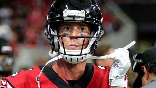 Falcons quarterback Matt Ryan appears stunned on the sidelines after throwing a interception to Miami in the final minute of the game Sunday, Oct. 15, 2017, in Atlanta.