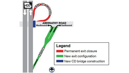 Map depicts the closure Thursday, June 25, of Exit 5B from northbound Ga. 400 to westbound Abernathy Road in the Perimeter area of Sandy Springs and Dunwoody. GEORGIA DEPARTMENT OF TRANSPORTATION