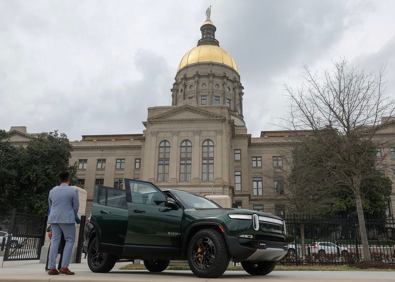 Views of a Rivian electric vehicle parked in front of the Georgia State Capitol for the first ever Rivian Day on Wednesday, March 1, 2023. (Natrice Miller/ Natrice.miller@ajc.com)