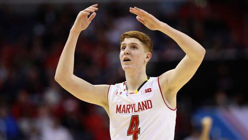Kevin Huerter of the Maryland Terrapins reacts a call against the Terrapins during the second half against the Northwestern Wildcats during the Big Ten Basketball Tournament at Verizon Center on March 10, 2017 in Washington, DC.  (Photo by Rob Carr/Getty Images)