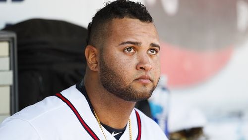 Braves starting pitcher Luiz Gohara (64) watches from the dugout in the fourth inning of the first game of a doubleheader against the Texas Rangers, Wednesday, Sep. 6, 2017, in Atlanta. (AP Photo/Todd Kirkland)