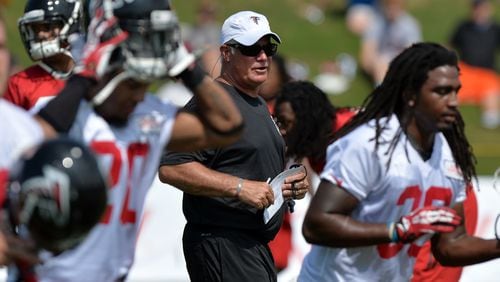 Atlanta Falcons head coach Mike Smith walks the field during training camp on Friday, July 25, 2014.