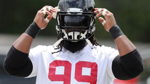 Atlanta Falcons defensive tackle Terrell McClain gears up to begin organized team activities on Tuesday, May 22, 2018, in Flowery Branch.   Curtis Compton/ccompton@ajc.com
