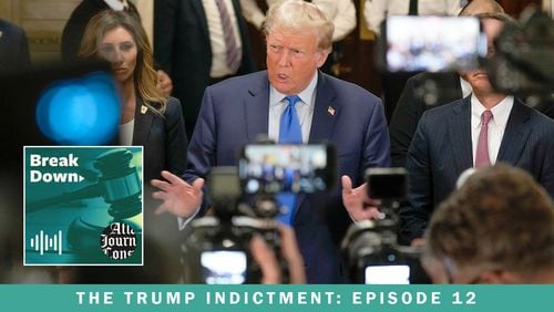 Former President Donald Trump faces a mob of cameras at the New York Supreme Court earlier this month. In the latest episode of the AJC's "Breakdown" podcast, we look at whether having cameras in the courtroom during the Fulton County election interference trials guarantees a media circus. (Seth Wenig/AP)