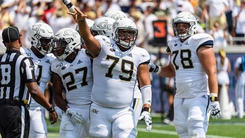 Georgia Tech center William Lay celebrates during the Yellow Jackets' 14-10 win over South Florida Sept. 7, 2019, at Bobby Dodd Stadium in Atlanta.