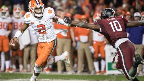 Catch Clemson quarterback Kelly Bryant if you can. Last week, South Carolina linebacker Skai Moore couldn't. (AP Photo/Sean Rayford)