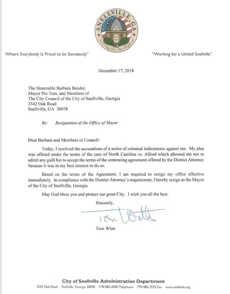 Snellville Mayor Tom Witts' resignation letter.