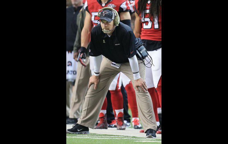 Falcons coach Dan Quinn during the troubling 24-21 loss to the Indianapolis Colts. (By Curtis Compton/AJC)