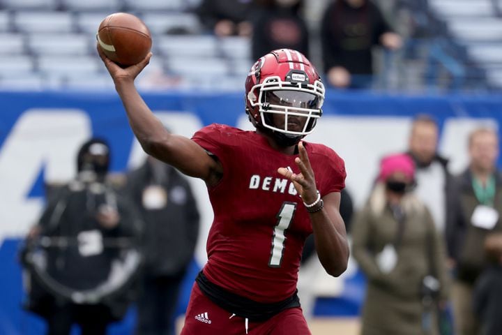 Warner Robins quarterback Jalen Addie (1) attempts a pass in the first half against Cartersville during the first half of their Class 5A state high school football final at Center Parc Stadium Wednesday, December 30, 2020 in Atlanta. JASON GETZ FOR THE ATLANTA JOURNAL-CONSTITUTION