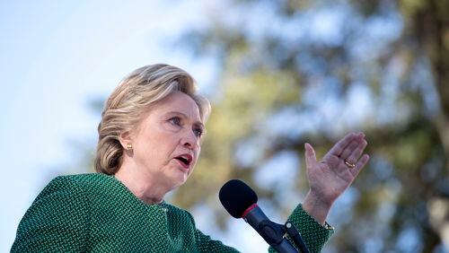 Democratic presidential candidate Hillary Clinton speaks during a campaign event at The Quad, Saint Augustine's University, Sunday, Oct. 23, 2016, in Raleigh, N.C. (AP Photo/Mary Altaffer)