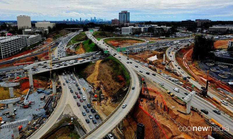 A bird's-eye view of the construction of the new I-285 interchange at Georgia 400. This shot was taken in March. (Courtesy of James Cool/Cool New Media).