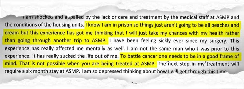 A portion of an inmate’s letter in which he complained about the conditions he experienced at Augusta State Medical Prison after undergoing surgery for bladder cancer.